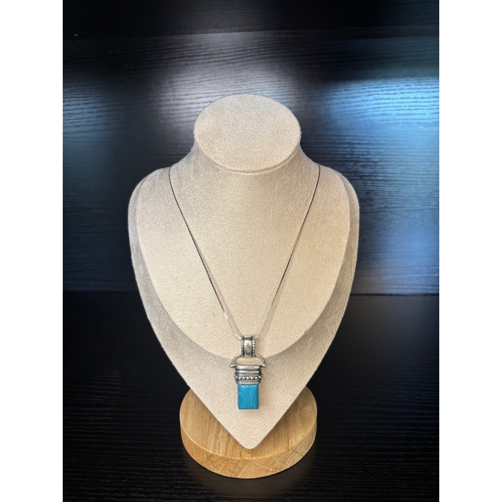Romaq Vintage Silver Tone Faux Turquoise Rectangular Pendant Necklace Western